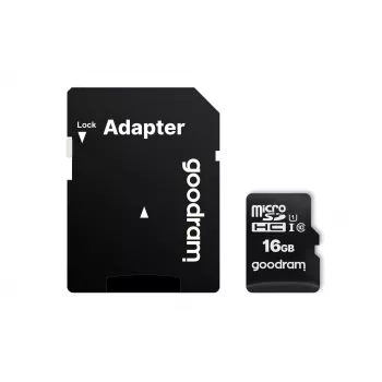 MicroSDHC pamäťová karta GOODRAM 16 GB Class 10 UHS-I (U1), čítanie 100 MB/s, zápis 10 MB/s, magneticky chránená, so SD adaptérom