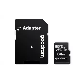 MicroSDXC pamäťová karta GOODRAM 64 GB UHS-I Class 10 (U1), rýchlosť čítania 100 MB/s, rýchlosť zápisu 10 MB/s, s SD adaptérom, čierna