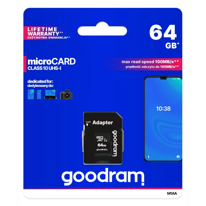 MicroSDXC pamäťová karta GOODRAM 64 GB UHS-I Class 10 (U1), rýchlosť čítania 100 MB/s, rýchlosť zápisu 10 MB/s, s SD adaptérom, čierna