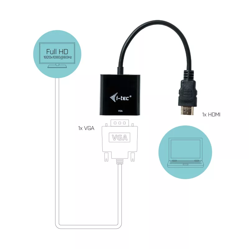 i-tec HDMI na VGA kábel adaptér, 0.15 m, HDMI, VGA, samec, samica, 1920 x 1080 pixels