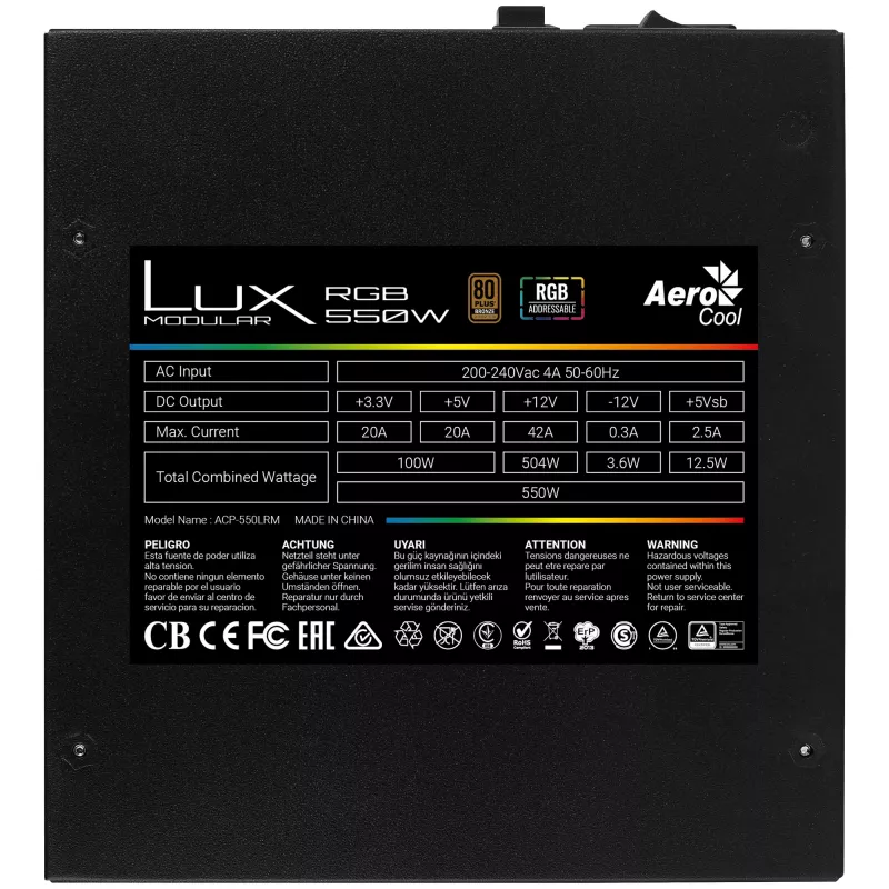 Aerocool LUXRGB550M RGB modulárny PC napájací zdroj 550W 80Plus Bronze 230V čierna