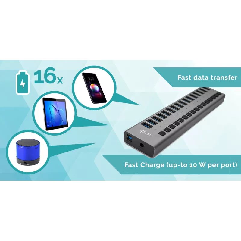 i-tec USB 3.0 nabíjací HUB 16 port + napájací zdroj 90 W