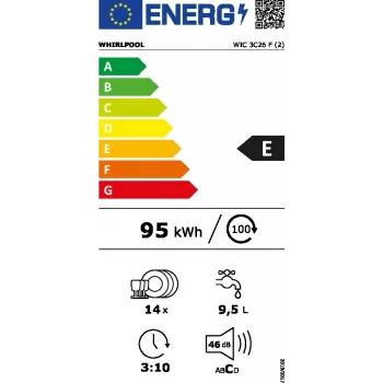 Čiastočne integrovaná umývačka riadu WHIRLPOOL WIC 3C26 F — 60 cm, 14 súprav, 46 dB, energetická trieda E
