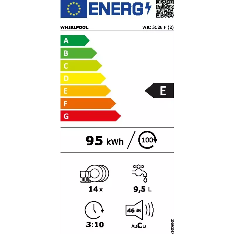 Čiastočne integrovaná umývačka riadu WHIRLPOOL WIC 3C26 F — 60 cm, 14 súprav, 46 dB, energetická trieda E