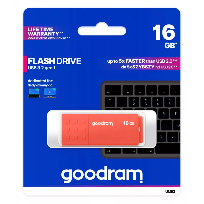 USB flash disk GOODRAM UME3 16 GB USB Type-A 3.2 Gen 1 (oranžová), 60/20 MB/s, plastové puzdro bez krytky