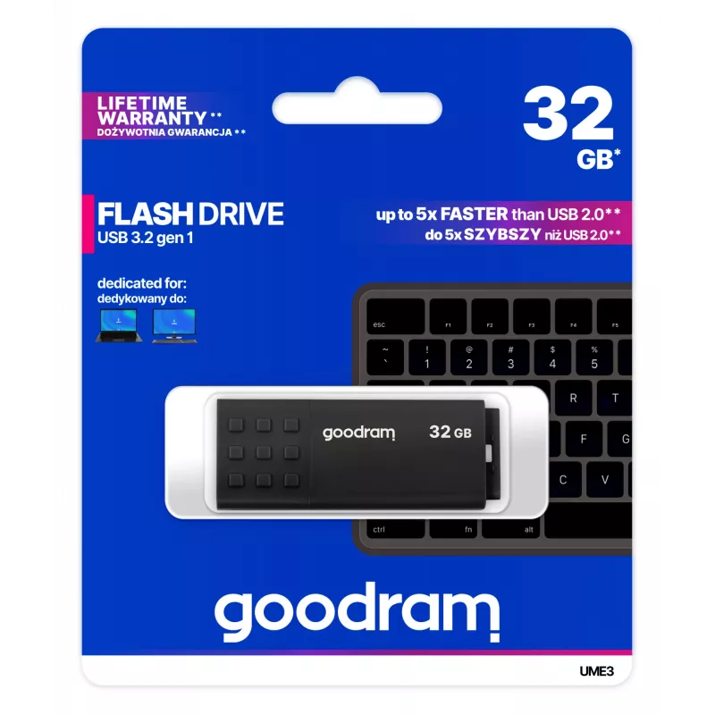 USB kľúč GOODRAM UME3 32 GB, USB Type-A 3.2 Gen 1, čierny, 51×21×9,6 mm