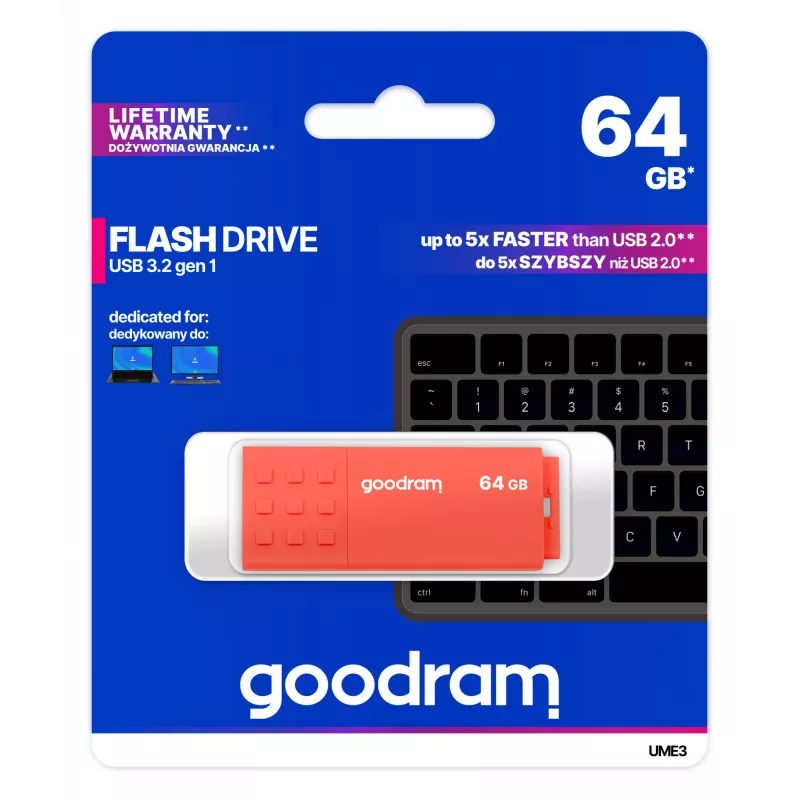 USB kľúč GOODRAM UME3 64GB USB Type-A 3.2 Gen 1, oranžový, 60MB/s čítanie, 20MB/s zápis