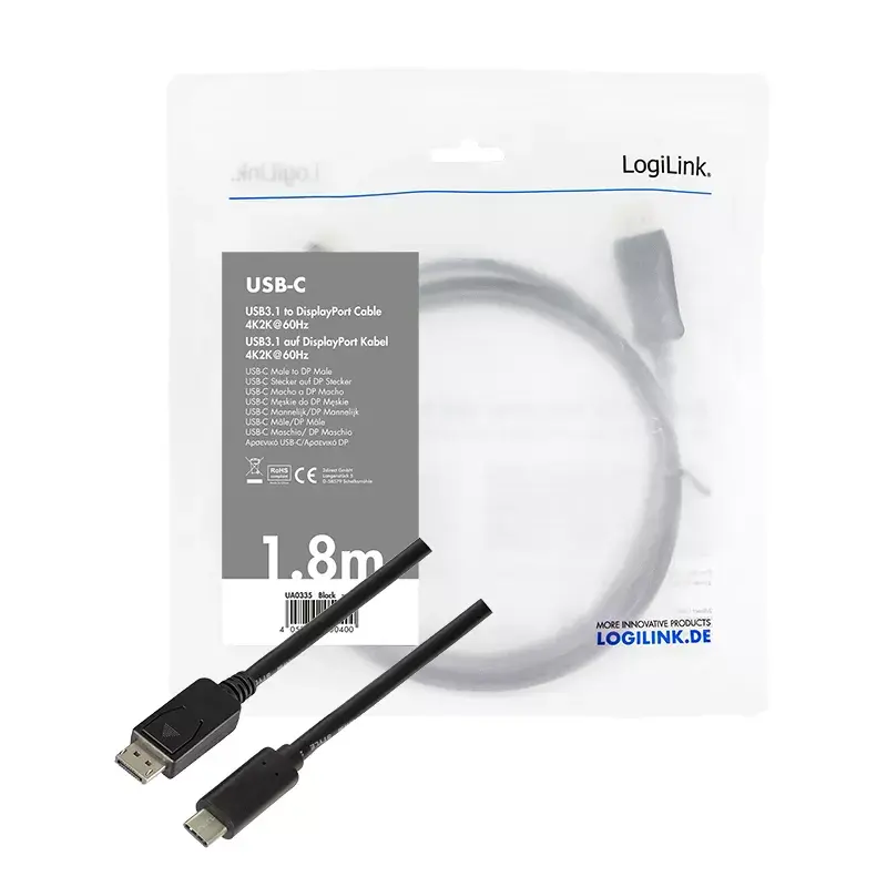 Adaptér video kábla LogiLink UA0335 1,8 m USB Type-C DisplayPort čierny