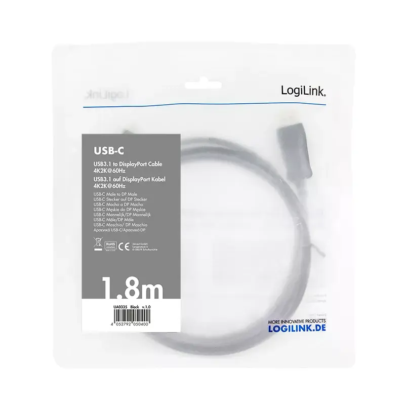 Adaptér video kábla LogiLink UA0335 1,8 m USB Type-C DisplayPort čierny