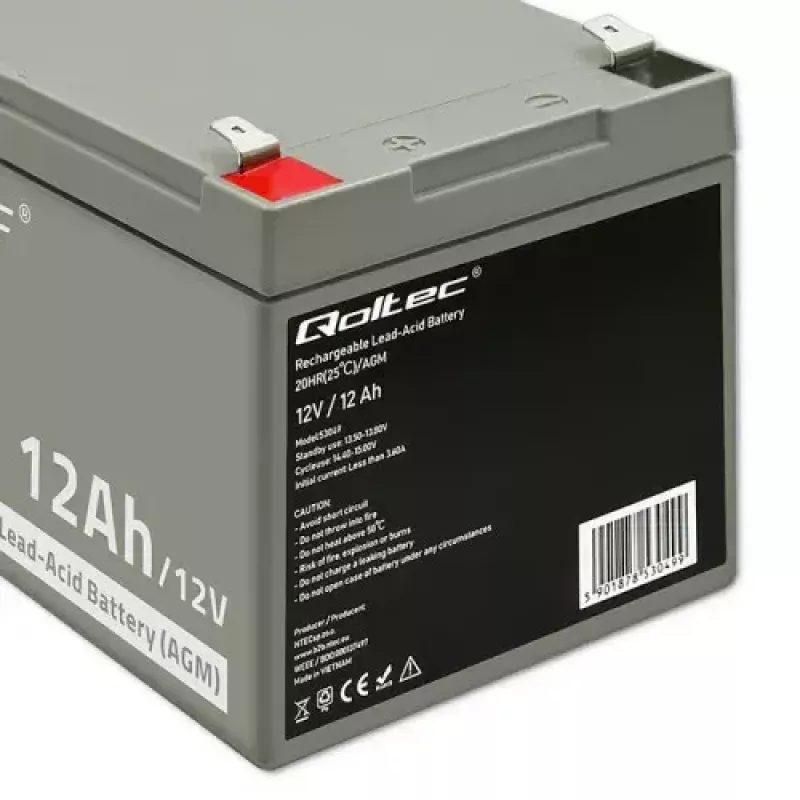 UPS batéria QOLTEC 53049, VRLA AGM 12 V 12 Ah, sivá, 150×98×95 mm