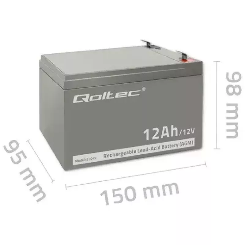 UPS batéria QOLTEC 53049, VRLA AGM 12 V 12 Ah, sivá, 150×98×95 mm