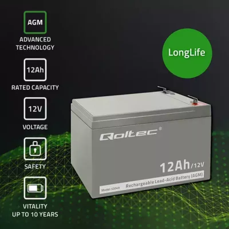 UPS batéria QOLTEC 53049, VRLA AGM 12 V 12 Ah, sivá, 150×98×95 mm