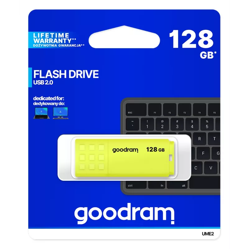 Goodram UME2 UME2-1280Y0R11 USB kľúč 128 GB, USB 2.0 Type-A, 20 MB/s, s krytkou, žltý