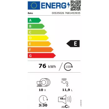 Vstavaná umývačka riadu BEKO DIS35026 — úzka 45 cm, 10 súprav riadu, 48 dB, 5 programov, energetická trieda E