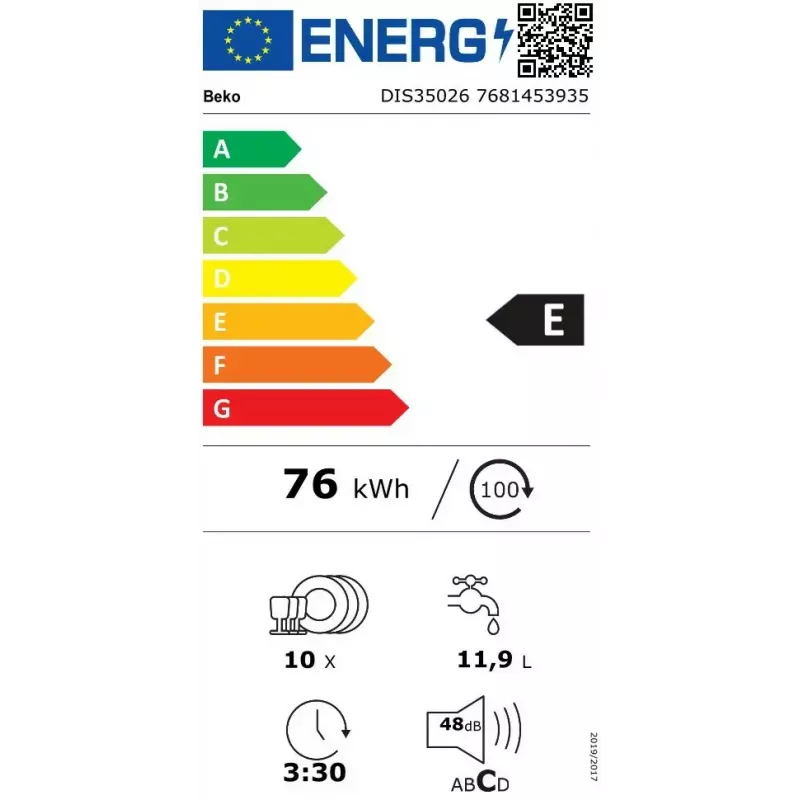 Vstavaná umývačka riadu BEKO DIS35026 — úzka 45 cm, 10 súprav riadu, 48 dB, 5 programov, energetická trieda E