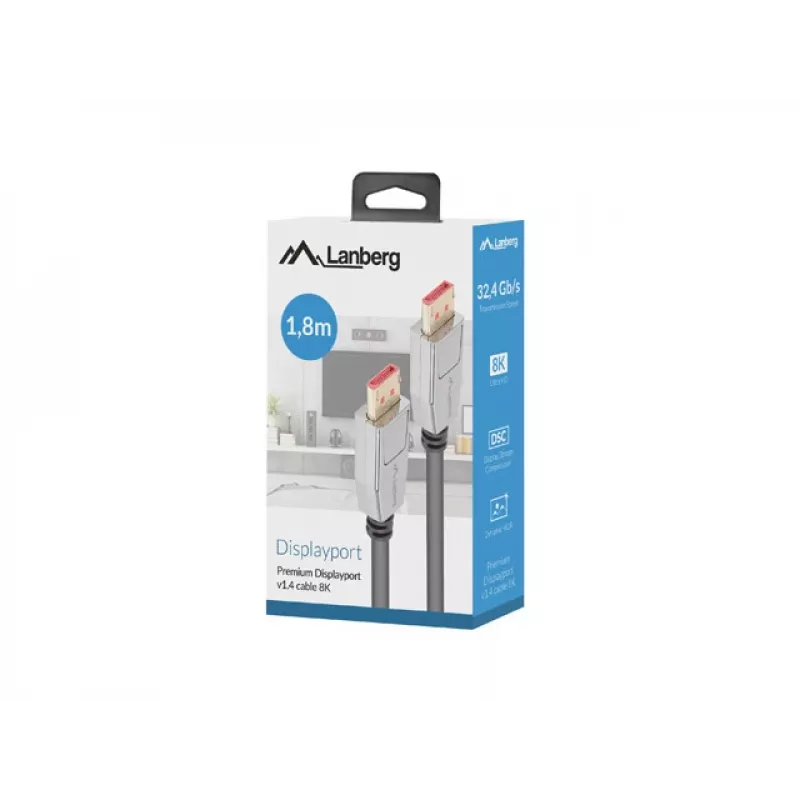 Lanberg CA-DPDP-20CU-0018-BK kábel DisplayPort 1.4 M/M 1,8 m, 8K 60 Hz, HDR, pozlátené konektory, čierny