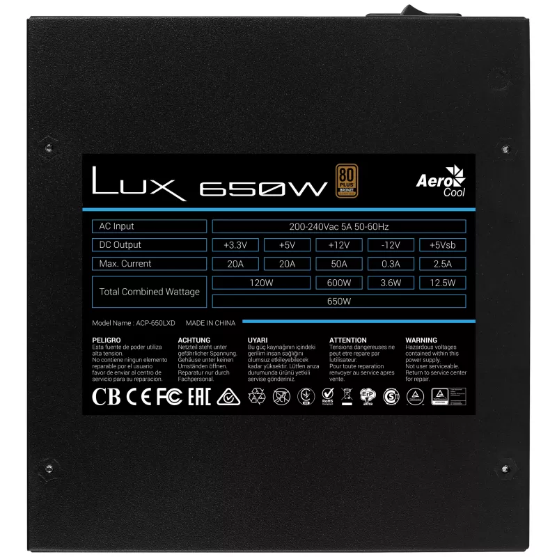 Aerocool LUX650 PC napájací zdroj 650W 80 Plus Bronze 230V 88% účinnosť čierny