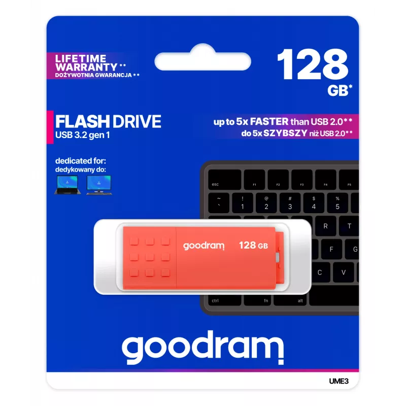 USB kľúč GOODRAM UME3 128 GB USB Type-A 3.2 Gen 1, oranžový, bez krytky, 60/20 MB/s