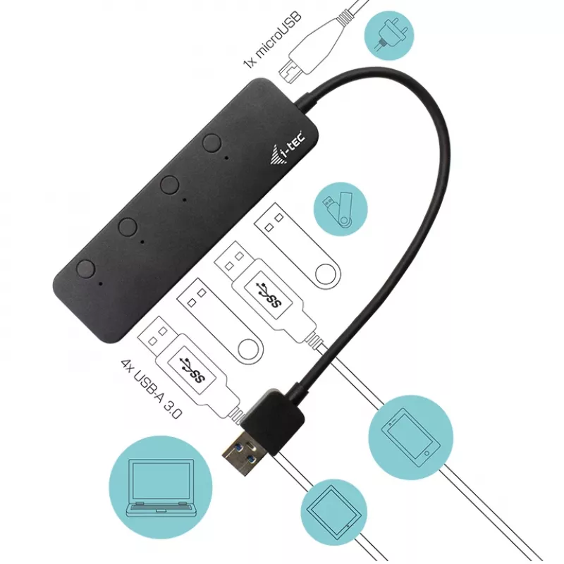 USB hub i-tec USB 3.0 Metal HUB 4 porty s jednotlivými vypínačmi