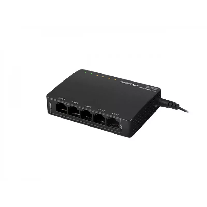 Neřízený sieťový switch LANBERG DSP3-1005-60W, 5x Gigabit RJ-45, 4x PoE+ (60 W celkom), 10 Gbit/s switching