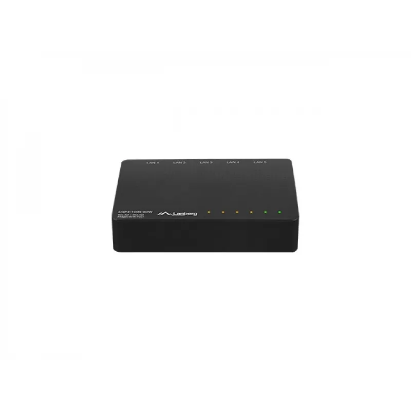 Neřízený sieťový switch LANBERG DSP3-1005-60W, 5x Gigabit RJ-45, 4x PoE+ (60 W celkom), 10 Gbit/s switching