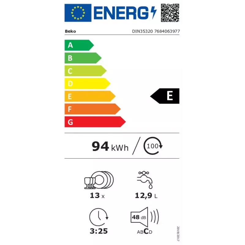 Vstavaná umývačka riadu BEKO DIN35320 — 13 súprav riadu, 60 cm, 48 dB, 5 programov, energetická trieda E