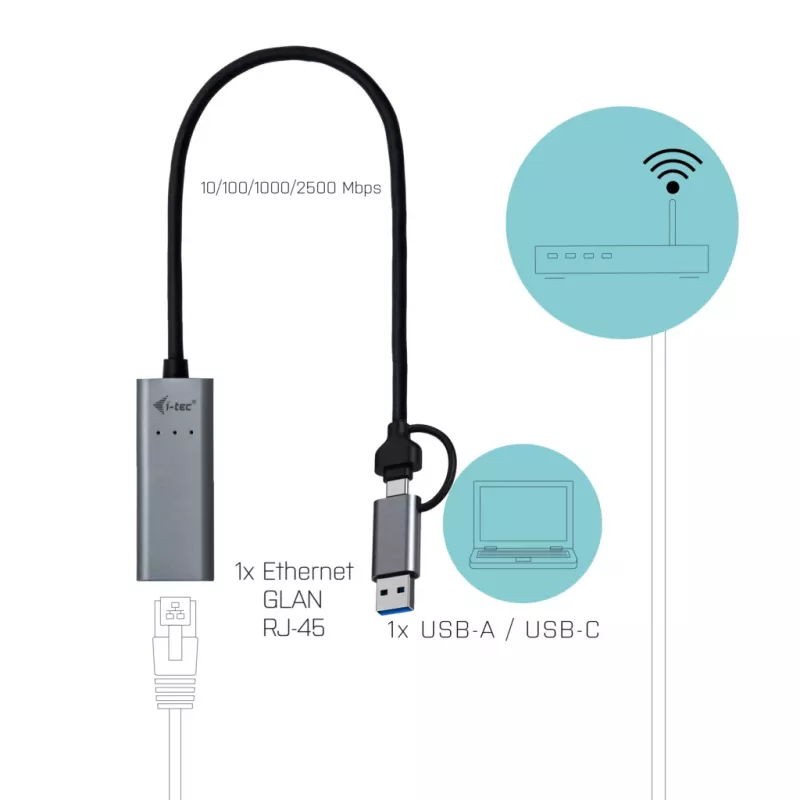 Adaptér „i-tec Metal USB-C/USB-A 2.5Gbps Ethernet“, káblový, USB Type-A/USB Type-C, Ethernet, 2500 Mbit/s, sivý