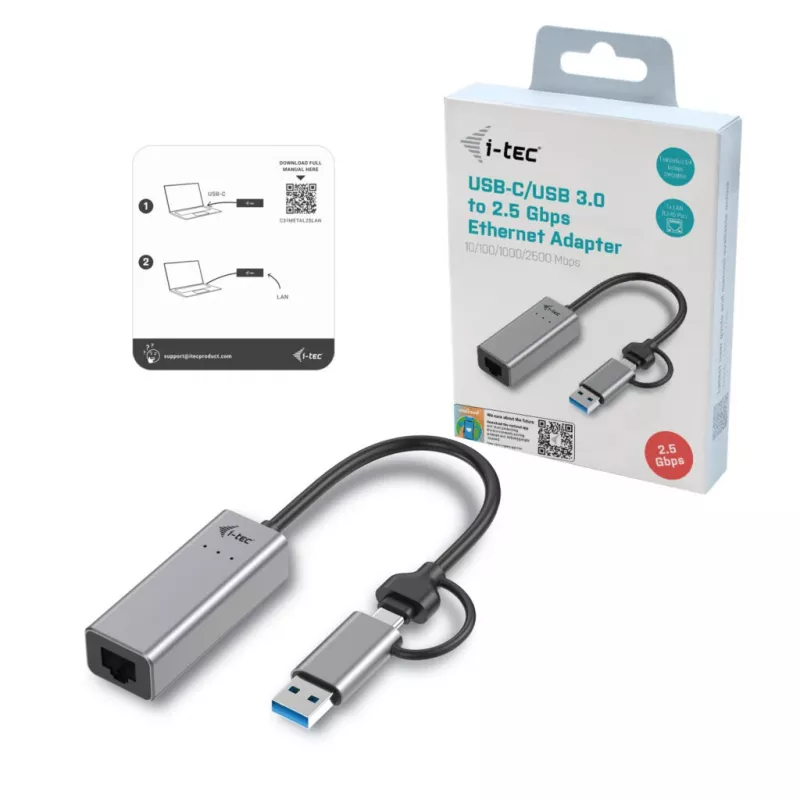 Adaptér „i-tec Metal USB-C/USB-A 2.5Gbps Ethernet“, káblový, USB Type-A/USB Type-C, Ethernet, 2500 Mbit/s, sivý