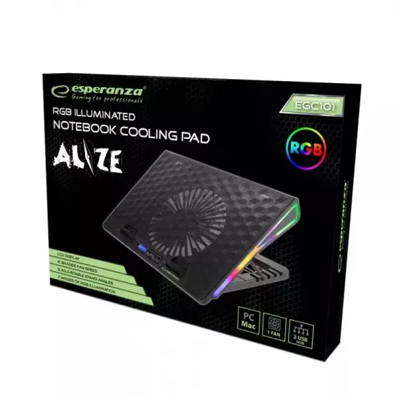 Chladiaci podložka na notebook ESPERANZA EGC101 — 1 ventilátor 18 cm, 76 cfm, 800 ot/min, 5 výškových polôh, LCD, napájaný cez USB