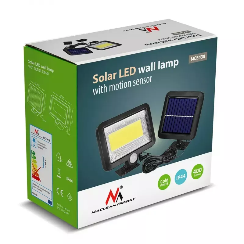 Solárny LED reflektor MACLEAN MCE438, 5 W, 400 lm, IP44, Li-Ion 5,2 V, nástenný, biele svetlo, čierny
