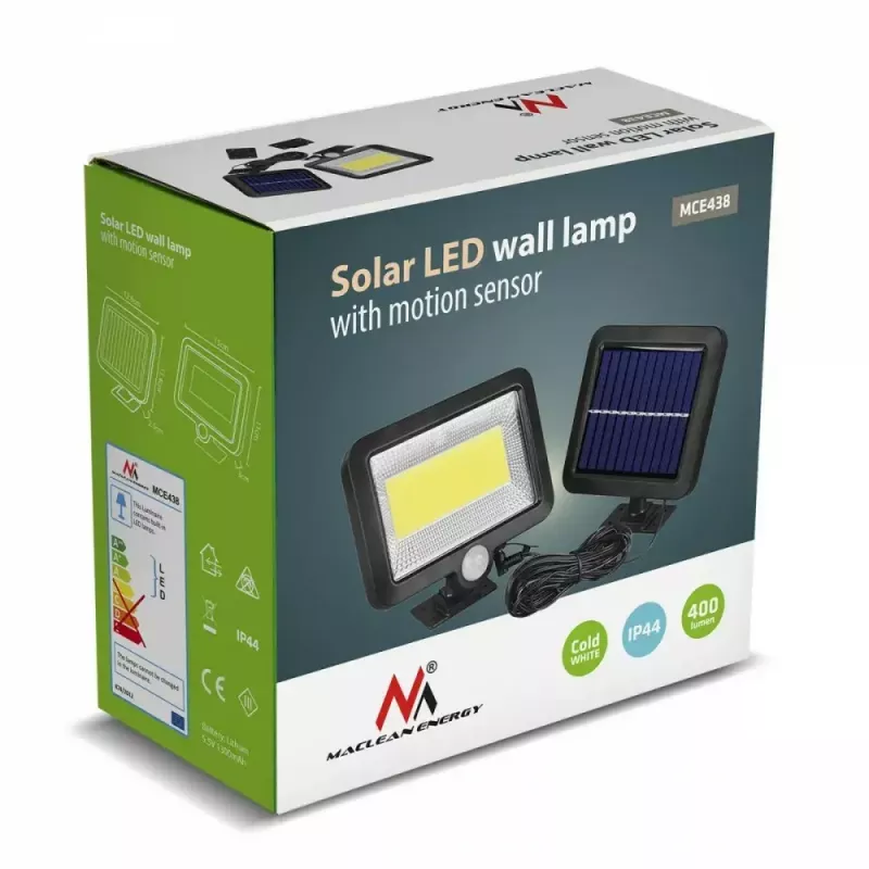 Solárny LED reflektor MACLEAN MCE438, 5 W, 400 lm, IP44, Li-Ion 5,2 V, nástenný, biele svetlo, čierny