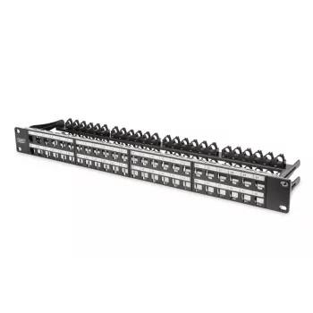 DIGITUS modulárny patch panel, tienený 48-port, pole na označenie, 1U, montáž do racku, farba čierna RAL 9005