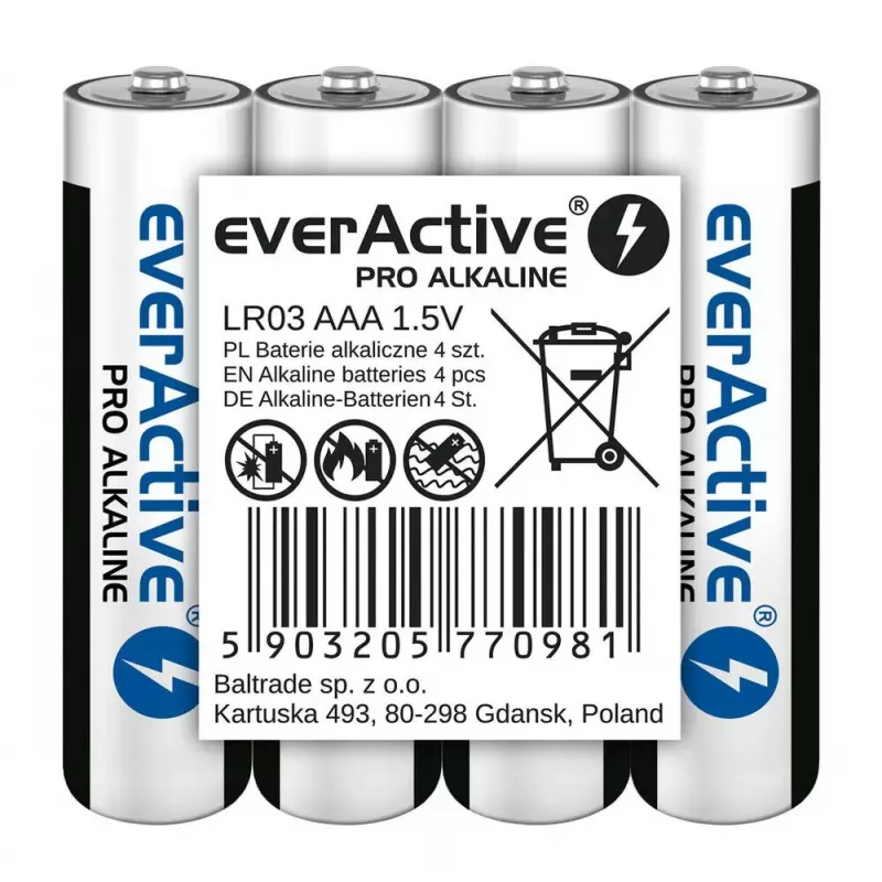 Alkalické AAA batérie everActive LR03PRO4T — 4 ks, 1,5 V, 1250 mAh, 44,5×10,5 mm