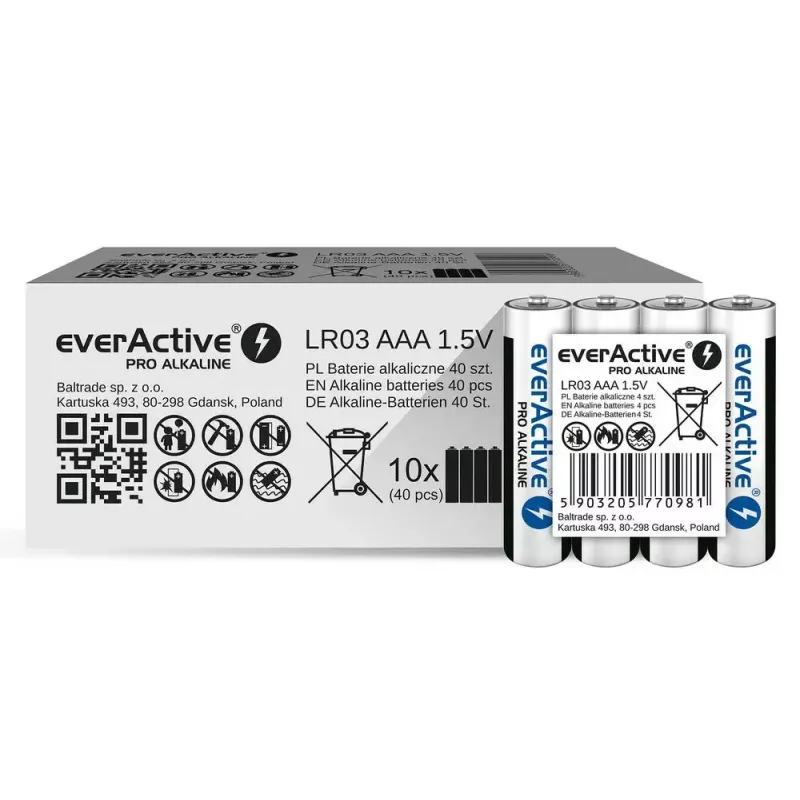 Alkalické AAA batérie everActive LR03PRO4T — 4 ks, 1,5 V, 1250 mAh, 44,5×10,5 mm
