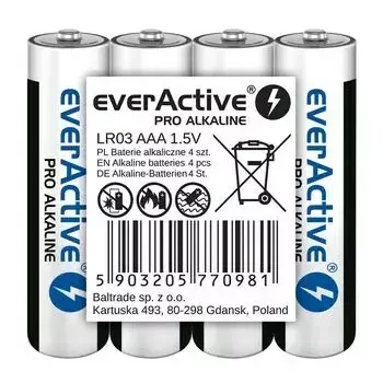 Alkalické AAA batérie everActive LR03PRO4T — 4 ks, 1,5 V, 1250 mAh, 44,5×10,5 mm