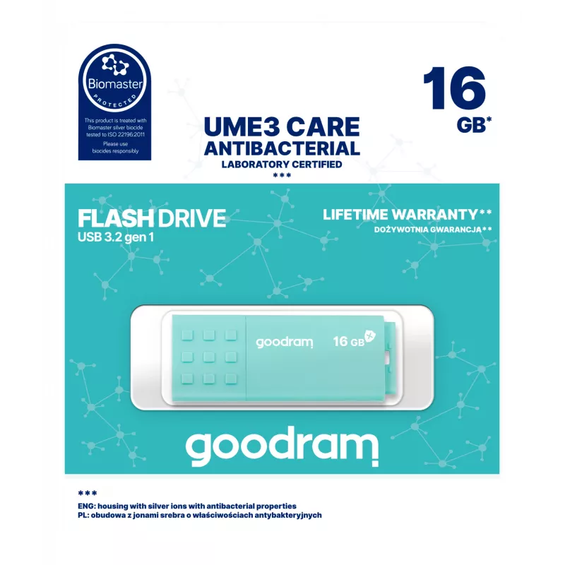 USB flash disk GOODRAM UME3 CARE 16 GB USB Type-A 3.2 Gen 1 (čítanie 60 MB/s, zápis 20 MB/s) tyrkysový