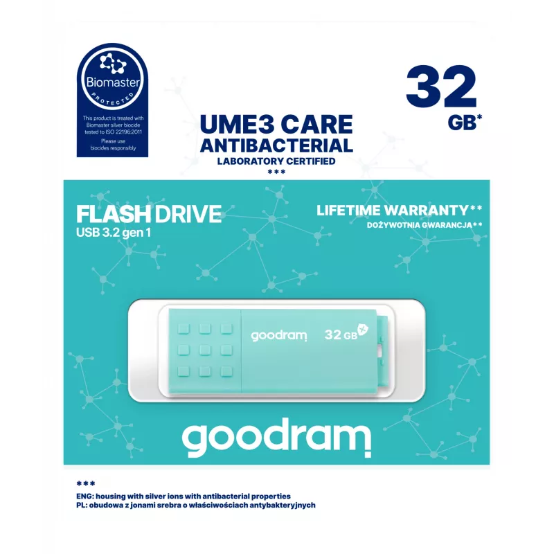 USB flash disk GOODRAM UME3 32 GB USB Type-A 3.2 Gen 1 — tyrkysový, 60 MB/s čítanie, 20 MB/s zápis