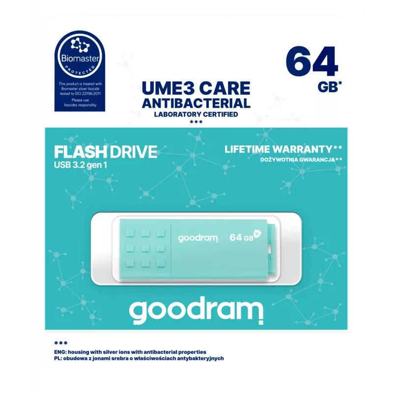 USB flash disk GOODRAM 64 GB USB Type-A 3.2 Gen 1 UME3, tyrkysový, čítanie 60 MB/s, zápis 20 MB/s