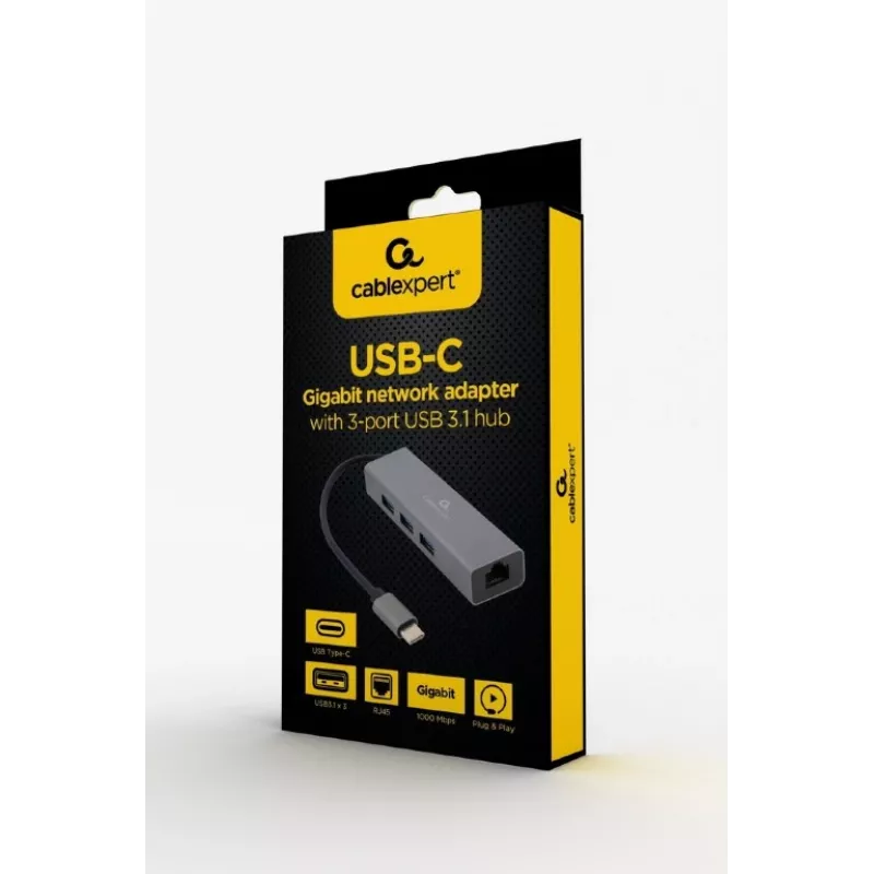 Dokovací adaptér Gembird A-CMU3-LAN-01 — USB-C 3.2 Gen 1, 1× Gigabit-LAN, 3× USB-A, kovové puzdro, sivý