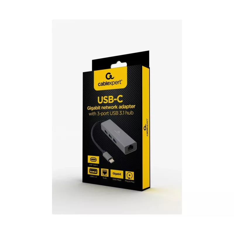 Dokovací adaptér Gembird A-CMU3-LAN-01 — USB-C 3.2 Gen 1, 1× Gigabit-LAN, 3× USB-A, kovové puzdro, sivý