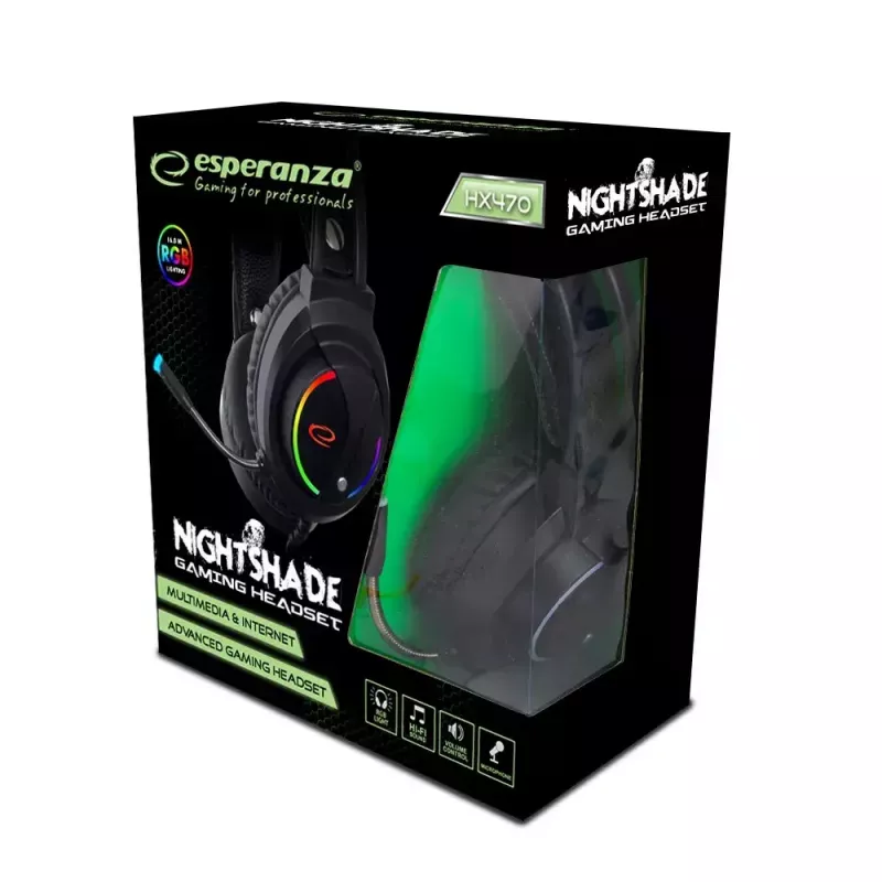 Esperanza EGH470 Nightshade drôtové herné slúchadlá s mikrofónom, RGB podsvietenie, ovládanie hlasitosti, 32 Ω, čierne