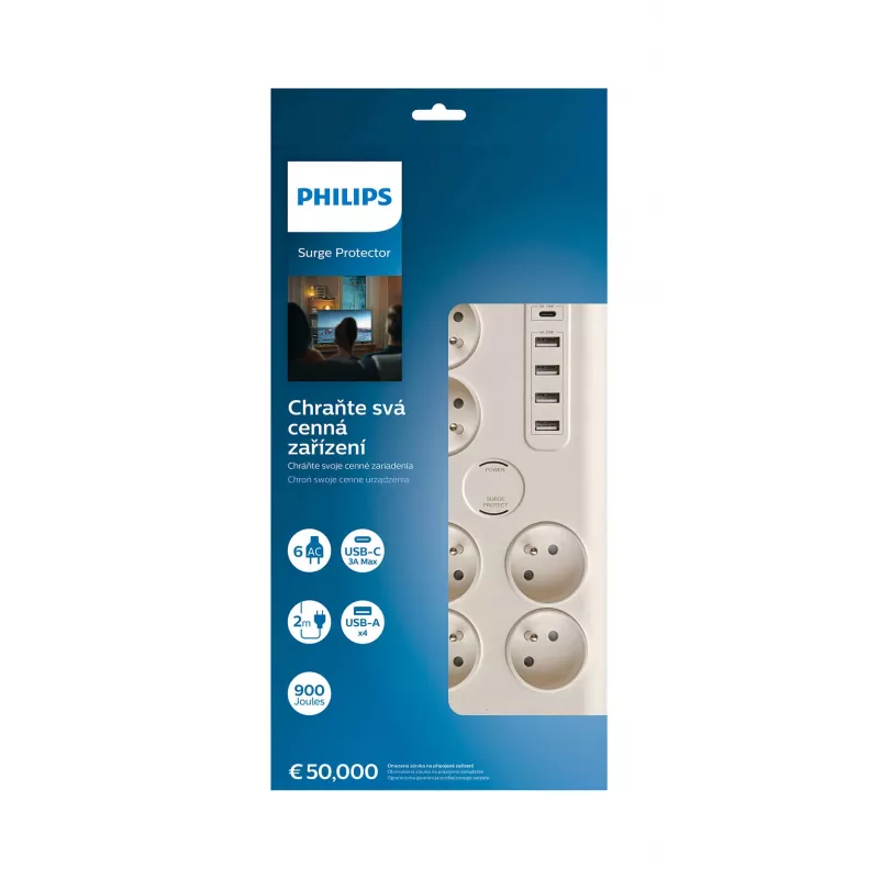 Philips SPN7060WA/60 prepäťová ochrana biela 6 AC zásuviek 2 m