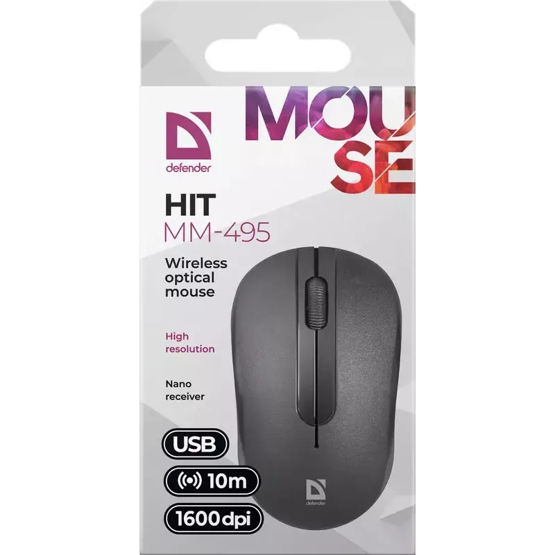 Bezdrôtová optická myš DEFENDER HIT MM-495 RF, obojručná, 1600 DPI, USB RF prijímač, čierna