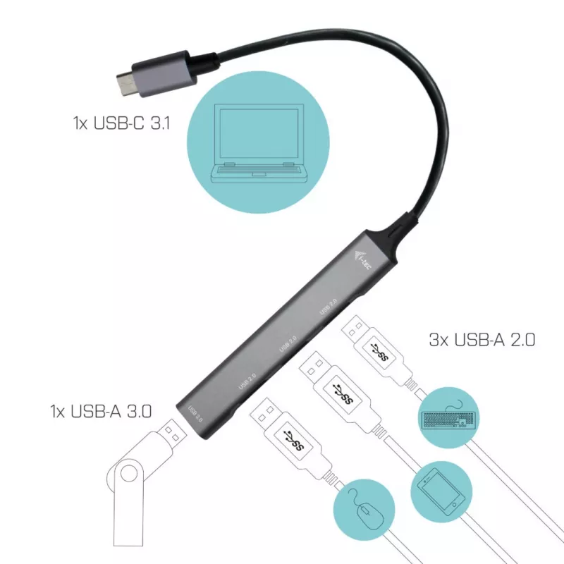 i-tec kovový USB-C HUB 1x USB 3.0 + 3x USB 2.0, USB 3.2 Gen 1 (3.1 Gen 1) Type-C, USB 2.0, USB 3.2 Gen 1 (3.1 Gen 1) Type-A, metalický, kov, 0,19 m, Android