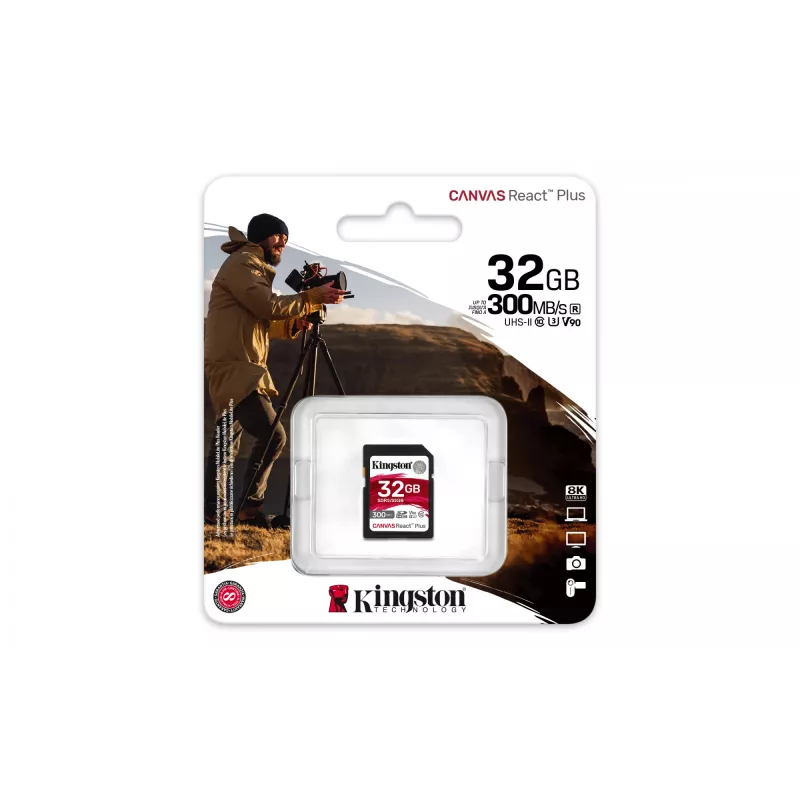 Kingston Technology 32 GB Canvas React Plus SDHC UHS-II 300R/260W U3 V90 pre Full HD/4K/8K
