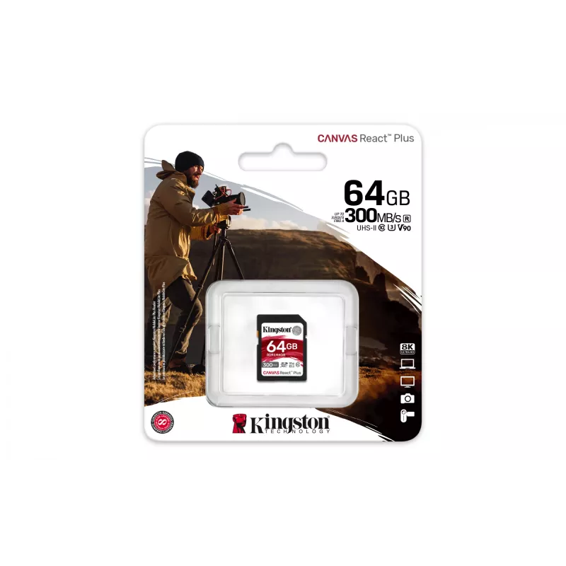 Kingston Technology 64GB Canvas React Plus SDXC UHS-II 300R/260W U3 V90 pre Full HD/4K/8K