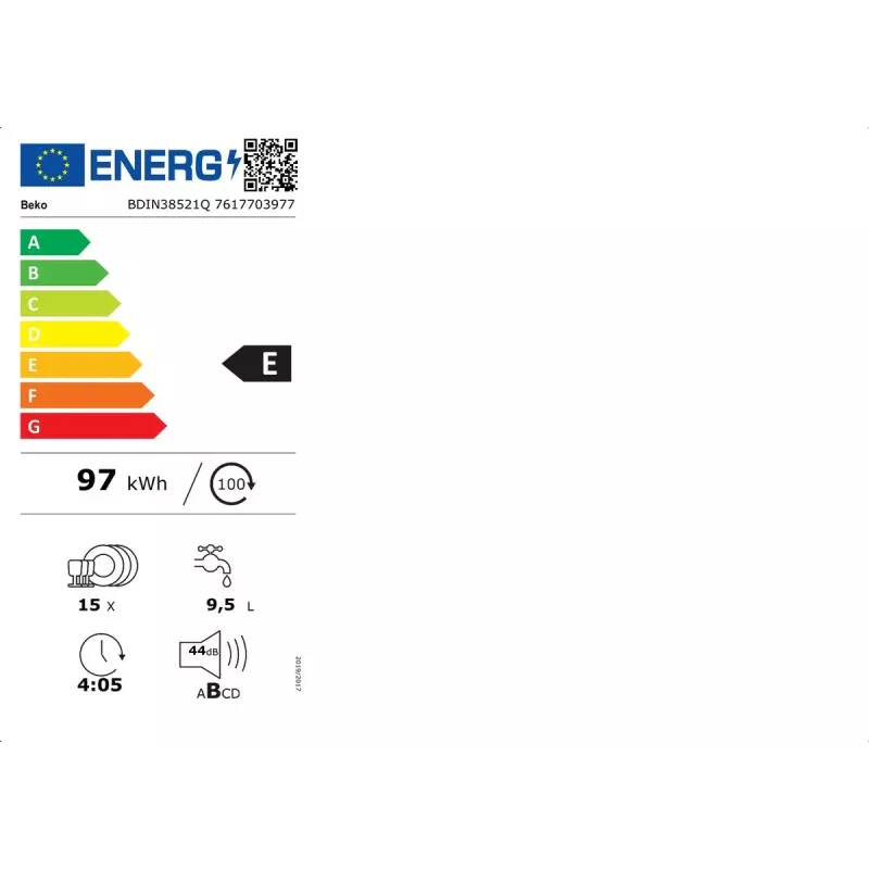 Beko BDIN38521Q plne integrovaná umývačka riadu, 15 súprav riadu, 44 dB