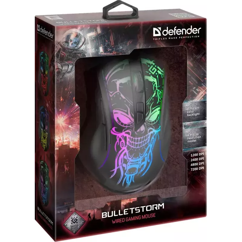 Herná myš DEFENDER BULLETSTORM GM-928 — optická, 7200 DPI, obojručná, 6–7 tlačidiel, USB Type-A, čierna