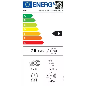 Slimline umývačka riadu Beko BDFS15020X, 10 súprav riadu, 45 cm, 47 dB, 5 programov, invertorový motor
