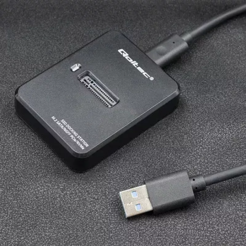 SSD puzdro QOLTEC 50313 čierne — M.2 (22×80 / 22×110) PCIe & SATA, USB Type-C (USB 2.0 / 3.2 Gen2)